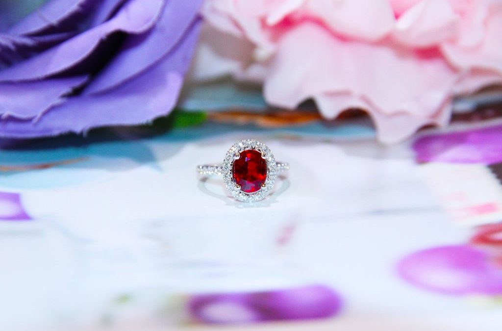 Radiant Romance: The eClarity Ruby Halo Diamond Ring in 18k White Gold for a Timeless Symbol of Love